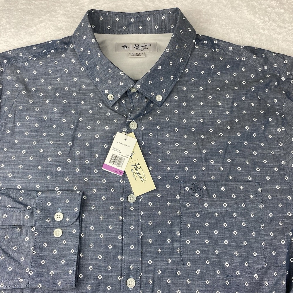 PENGUIN Shirt Mens X XL Dark Denim w/White Floral Print Regular Fit New w/Tags!